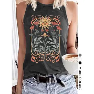 Women's Vintage Floral & Sun Print Round Neck Tank Top, Casual Sleeveless Top for Daily Wear, Ladies Clothes for All Seasons