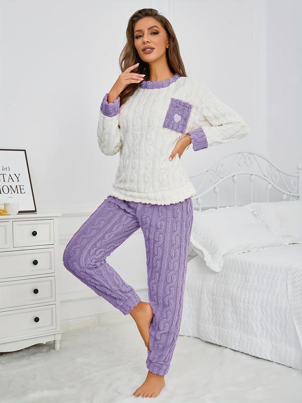 Women's Fleece Lined Sleepwear 2 Piece Set, Long Sleeve Pocket Top & Relaxed Fit Pants for Home Use, Autumn Winter Pajama Set
