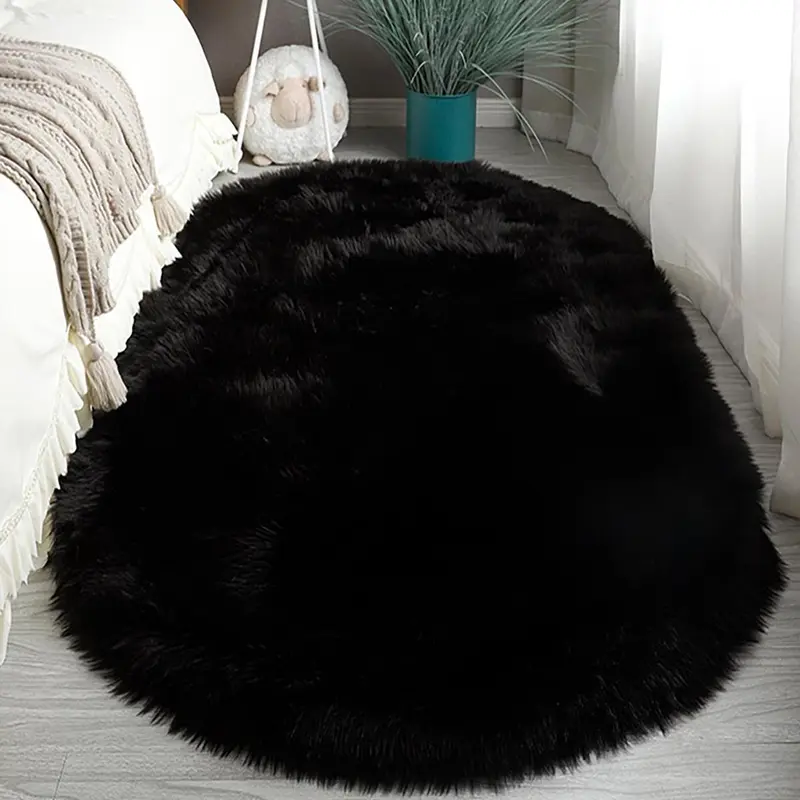 1 Piece Solid Color Plush Carpet, Oval Shaped Soft Fluffy Carpet, Non-slip Floor Mat for Living Room Bedroom, Soft Fluffy Rug
