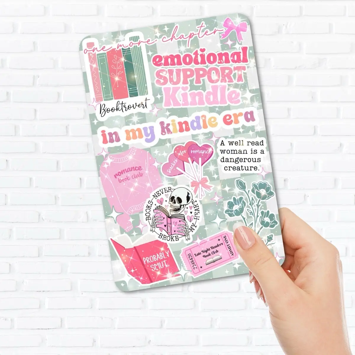 Cute Cardstock Case Insert for Kindle | Smutty Book Lover Gift | Bookish Stickers for E-Reader | Booktok Cover Insert | Sage Checkered
