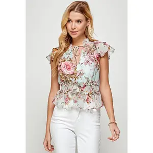 Roses Printed Ruffle Sleeve Top