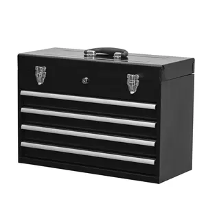 Metal Tool Box with 4 Drawers Portable Steel Tool Chest with Metal Cylinder Lock and Latch Closure, Liner, Powder coating, suitable for Garage, Warehouse and Outdoor Repair job-Black and Red