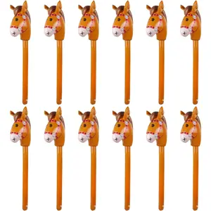12PCS 38 Inches Brown Inflatable Stick Horse Blow Up Horse Head Stick Pony Costume for Western Cowboy Cowgirl Baby Shower Birthday Halloween Party Decorations Supplies Favors Props