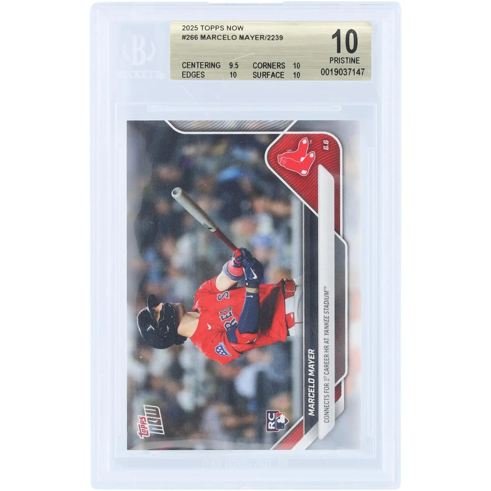 Marcelo Mayer Boston Red Sox 2025 Topps Now Connects For 2nd Career HR at Yankee Stadium #266 BGS Authenticated 10 Rookie Card - 9.5,10,10,10 Subgrades