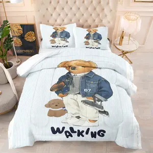 Little Bear Print Quilt Set, Includes 1 Quilt and 1 or 2 Pillowcases Without Pillow Inserts, Soft Bedroom Decor for Children or Adults, Perfect Gift, Soft Breathable Bedding