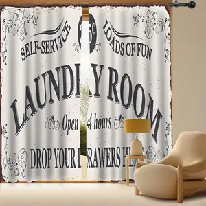 American Vintage Laundry Room Window Curtain, Fun Text Distressed Print, Polyester Light Blocking Fabric, Easy Clean, Creative Home Decor