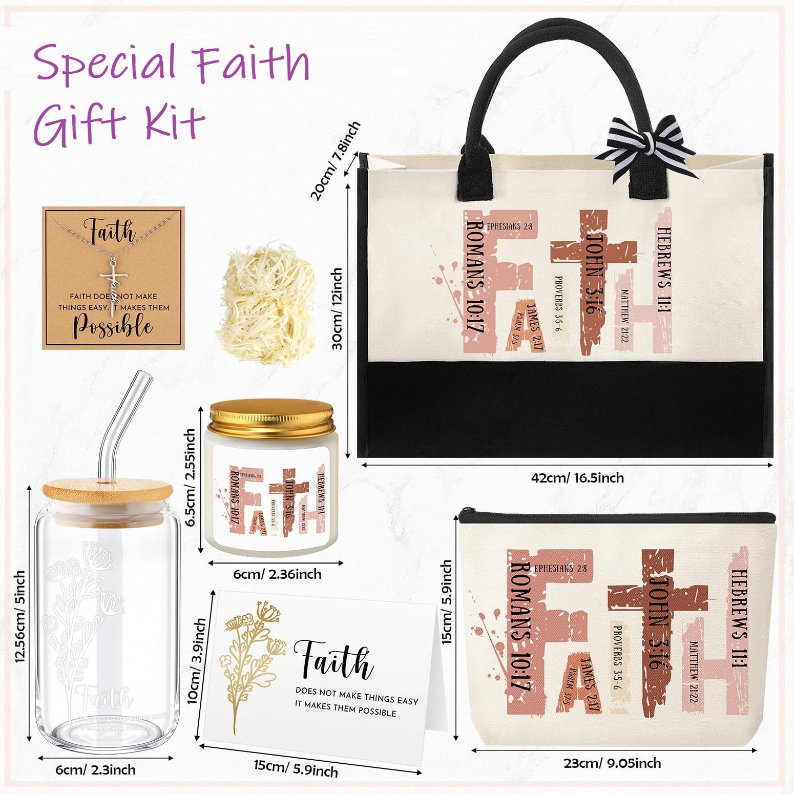 Easter Christian Gifts for Women 6pcs Religious Gift with Canvas Tote Bag Makeup Bag Candle Cross Necklace Thermos Cup Greeting Card Faith Inspirational Catholic Gift for Women Friends Mother Sister Wife, Sunday Prayer Gift for Easter Communion Holiday