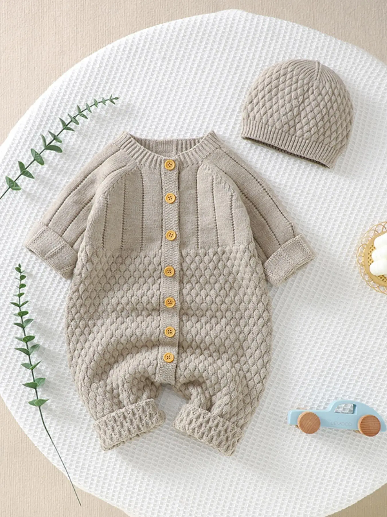 Baby's 2pcs Solid Long Sleeve Button Front Sweater Onesie & Beanie Hat, Cute Raglan Sleeve Round Neck One-piece Knitwear Set, Newborn Infant Kid's Fal