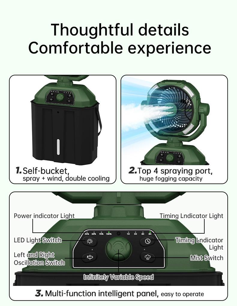CoolHYFan Newly Upgraded Water Cooling Fan Atomizing 48-Hour Battery Life Portable LED Light Rechargeable 360° Rotating Hook Cordless Battery-Powered Lightweight Emergency Control & Four-Hole Mist Spray cial travel essen  cool hill