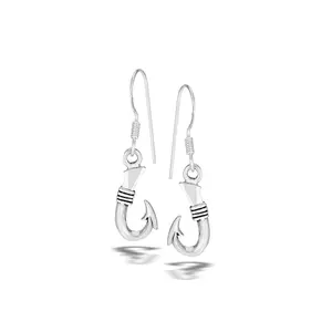 Fish Hook Dangling Earrings - Pair - 925 Sterling Silver