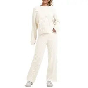 AnotherChill Women’s Cable Knit Sweater Lounge Set – Long-Sleeve Pullover Top & High-Waisted Wide-Leg Pants, Cozy 2-Piece Outfit for Fall & Winter