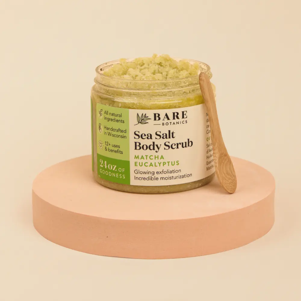 Bare Botanics All Natural Sea Salt Body Scrub 24 oz Matcha Eucalyptus, Double Exfoliating & Ultra Moisturizing Hydrating Skin Polish with Jojoba, Argan & Shea Butter, Vegan & Cruelty-Free