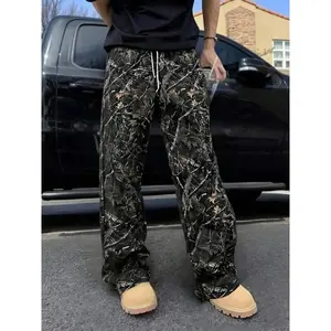Men's Casual Camo Drawstring Wide Leg Pants, Fashionable Loose-Fitting Long Pants for All Seasons, Men's Sportswear