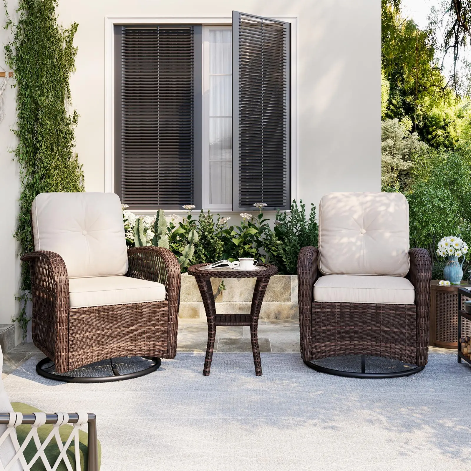 Rocking Chair 3-piece Waterproof Rattan Outdoor Patio Furniture for Porch - Swivel Rocker Chairs with Thick Cushions, Side Table, Patio Conversation Set for Porch, Garden, Out Door Patio Furniture Sets,home decor,camping essentials
