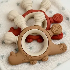 Orthodontic Dinosaur Teether with Variable Hardness, 2-In-1 Hybrid Density Silicone, BPA-Free Boilable Sensory Toy, Safe for All Molars