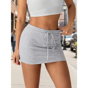 Women's Fashion Mini Skirts Solid Color Drawstring Elastic Waist Skirts Summer Casual Short Skirts