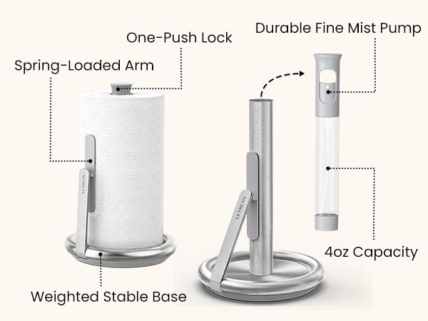 Ultrean Paper Towel Stand with Weighted Base, No-Lift One-Hand Tear – Stainless Steel Countertop Holder with Tension Arm, Anti-Slip Heavy Duty Dispenser for Standard & Jumbo Rolls, Modern Kitchen Accessory