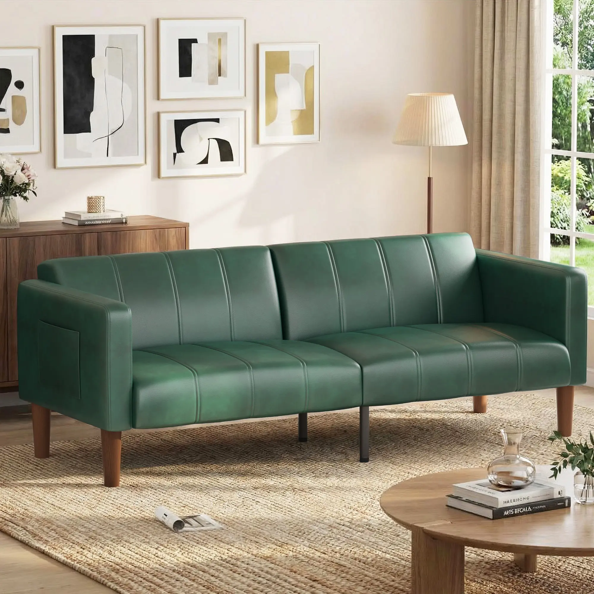 75 in PU Leather Convertible Futon Sofa Bed - Adjustable Backrest, Stitched Detail, Side Pocket, 600 lb Capacity, 2 Seats Max, Mid-Century Modern Loveseat Sleeper for Living Room, Apartment Small Spaces, Two Seats Max
