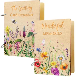 2 Packs Greeting Card Keeper Card Organizer Book Wood Card Album Binder Card Keepsake Photo Album with Metal Buckles Binding for Holiday Birthday Memory Greeting Card Photo Collection