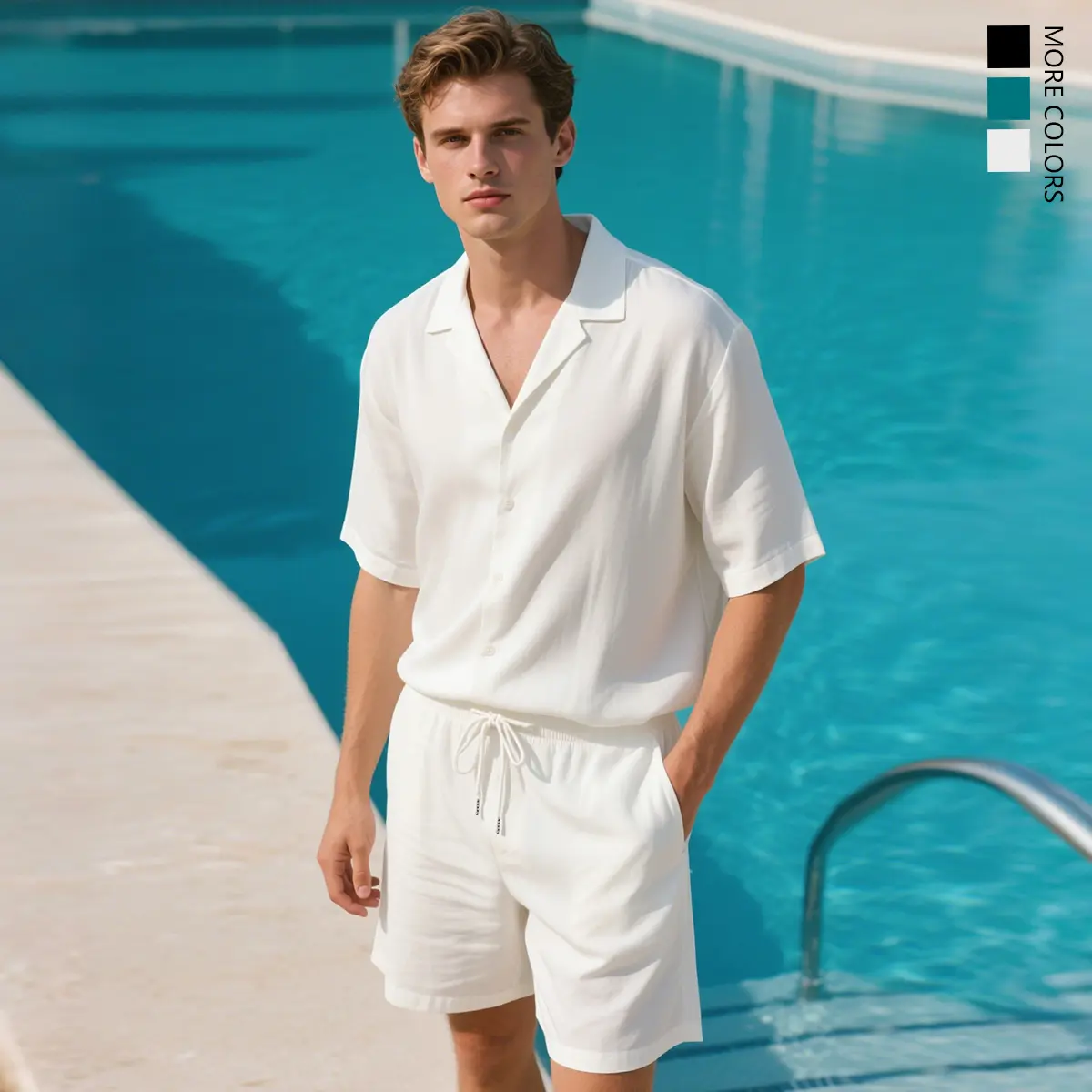 Men's 2-Piece Chic Fitted Summer Pajama Set - Menswear Loungewear, Short-Sleeve Plain Cardigan Top & Shorts, 95% Polyester 5% Spandex, Quick-Drying Elastic Breathable Fabric, Casual Hot Weather Home Wear