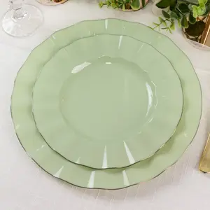 10-Pack Plastic Round Dinner Plates 9" Sage Green Ruffled Rim with Gold Edging - Heavy Duty Disposable Dinnerware