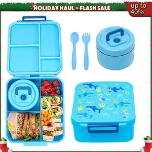 Nifogo Kids Bento Lunch Box Set - 8oz Insulated Soup Thermos, 4-Compartment Hot Food Jar, Blue Tin Canister Tableware Containers for School, Travel (Home Supplies Organizer)