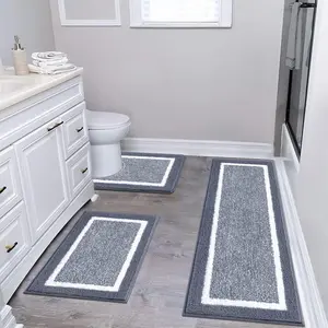 3 Piece Non Slip Washable Bathroom Rugs Set - Plush Absorbent Quick Dry Microfiber Bath Mat, U Shaped Toilet Mat & Shower Rug Runner, Super Soft Dark Grey Floor Carpet