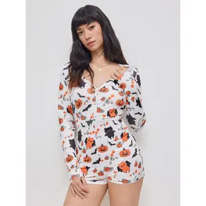 Cider [size 2-10] V-neck Pumpkin Bat Graphic Lounge Romper