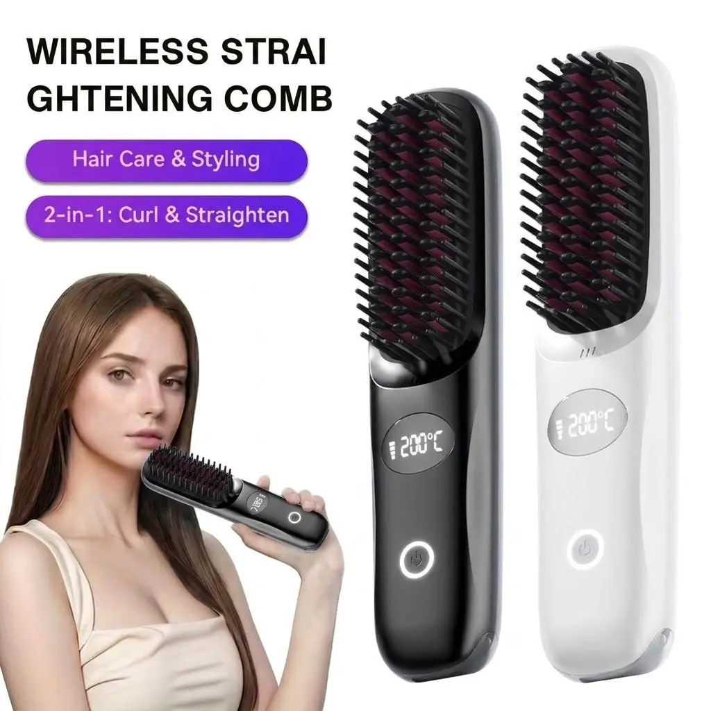 Rechargeable Portable Hair Straightening Brush with Type-C 4000mAh Battery 3 Temperature Settings Fast Heating Ceramic Coating Anti-Scald Design for Travel & Daily Use - Smooth, Adjustable Straightener Cordless