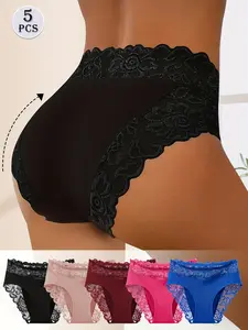 5 Pack Women's Floral Lace Briefs Elegant Lace Trim Comfortable Stylish Daily Wear Lace Underwear Panties