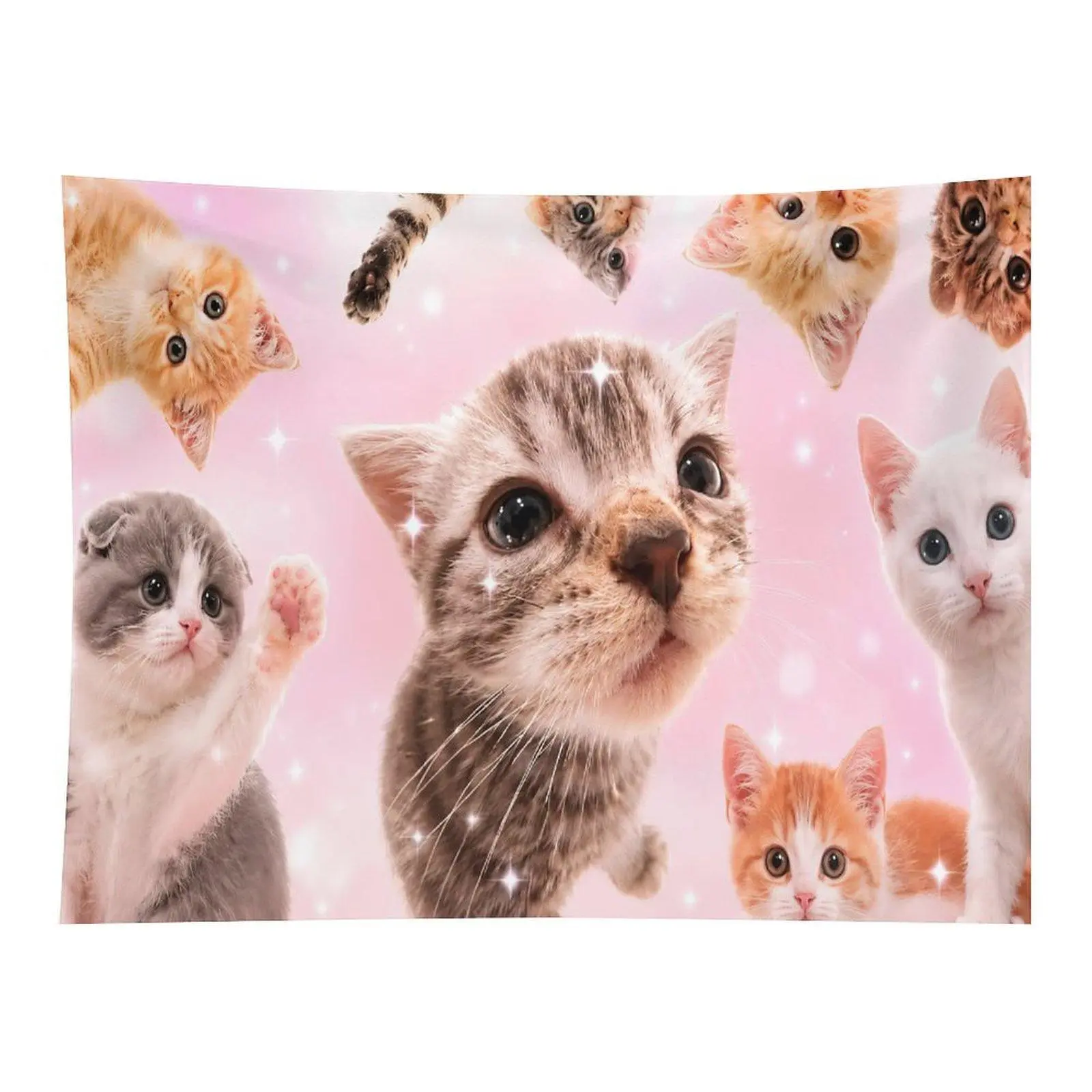 Cute Kittens Tapestry Pink Sparkle Cat Wall Hanging, Adorable Kitty Photo Tapestry for Bedroom Dorm Decor