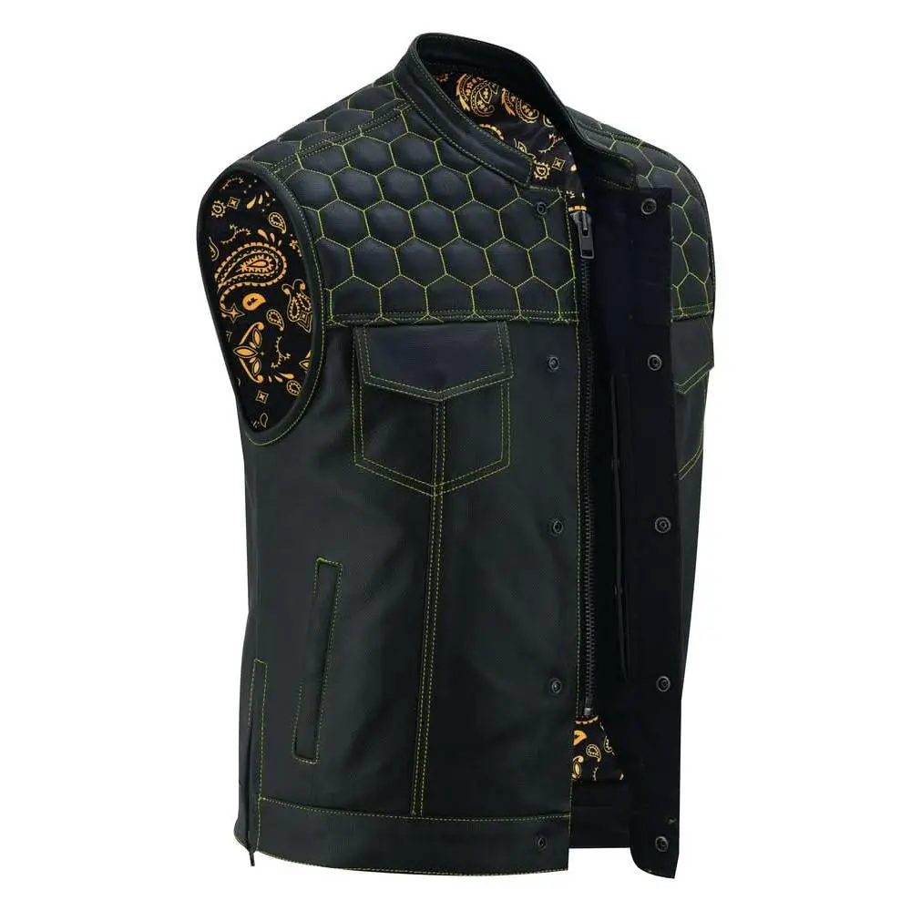Renegade Classics Men's Black Leather Vest - Gold Rush Design, Yellow Stitching