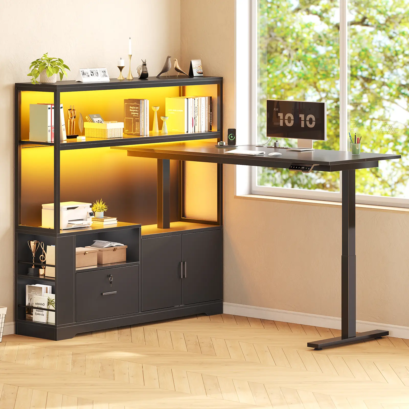 Sedeta 56.7" Modern L-Shaped Modular Corner Desk - Reversible Flexible Home Office Workstation with Drawers, Bookshelf Hutch, 29"-47" Height Adjustment, RGB Lights, Power Station, Integrated USB Ports, Memory Presets, Stable Base
