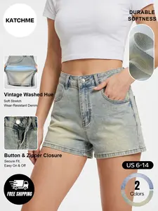 Katch Me Chic Women's Vintage Mid-Rise Durable Denim Shorts, Street Style Multi-Pocket Stretch Faded Outfits, Casual Daily Jeans, Wrinkle-Resistant Women's Bottom