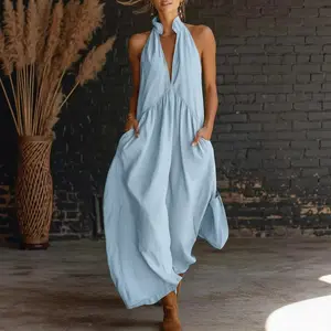 2026 Minimalist Halter Neck Maxi Dress for Women, Casual Loose Fit Long Dress with Side Pockets, Lightweight Breathable Summer Dress, Effortless Versatile Style for Daily Wear, Beach, Vacation & Trendy Boho OOTD Outfits
