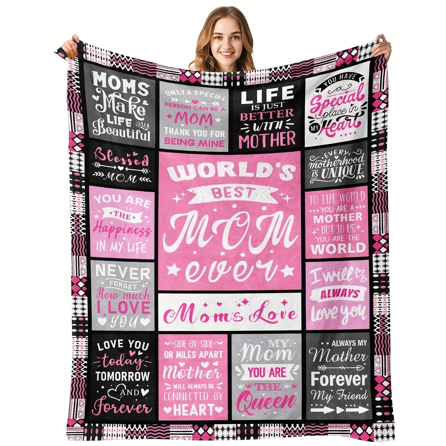 Soft Fluffy 280GSM Flannel Blanket, Pink-Black Checkered Print, Wrinkle Resistant, All Season Throw with Inspirational Messages, Machine Washable Heartfelt Gift for Mom (Christmas, Thanksgiving, Mother’s Day, Birthday), One-Piece