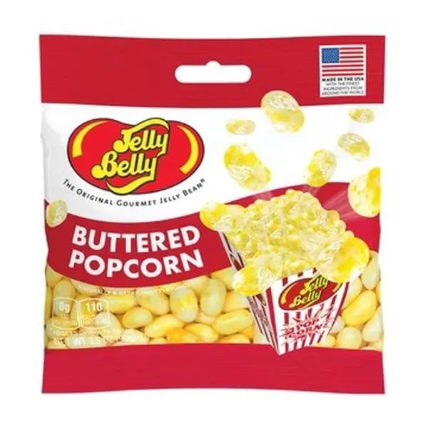 Jelly Belly Buttered Popcorn Flavored Jelly Beans, 3.5 oz Peg Bag, Sweet, Trans Fat-Free, Gluten-Free Gourmet Chewy Candies, Kid-Friendly Snack, Made in USA