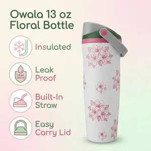 Owala 13 oz Floral Insulated Water Bottle Drinkware Flask - Leak-Proof, Built-In Straw, Easy-Carry Lid for School, Gym, Flasks