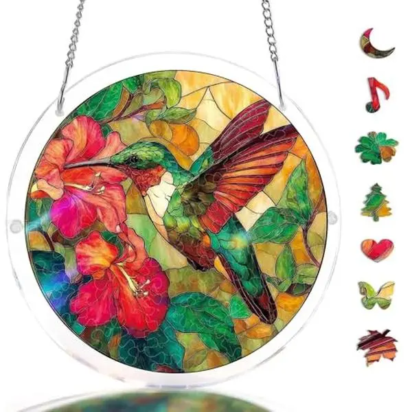 Hangable Acrylic Puzzle Suncatcher - 83-Piece Emerald D-Hummingbird Design, Easy Install DIY Window Hanging, Home Decor Gift for Family & Friends, Box-Packaged, 7.4 in