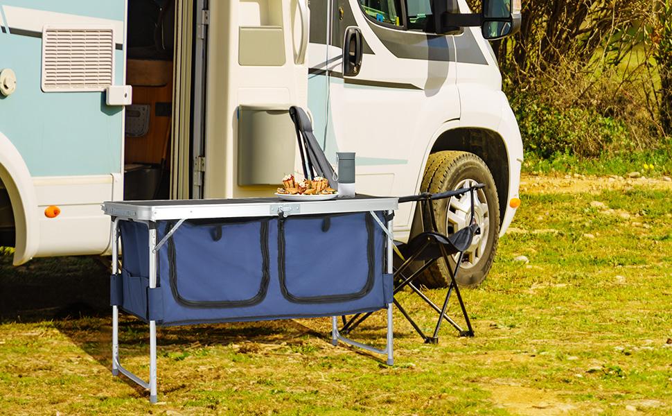 4 Ft Folding Table, Aluminum Camping Table, Picnic Table with Storage, Adjustable Height for Outdoor Beach BBQ Backyards Travel Party (White ＆ Blue)