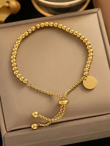 D'Luxe Essentials 14k Women's Stainless Steel Circular Tag & Bead Charm Bracelet Waterproof Versatile Jewelry Gift for Any Occasion