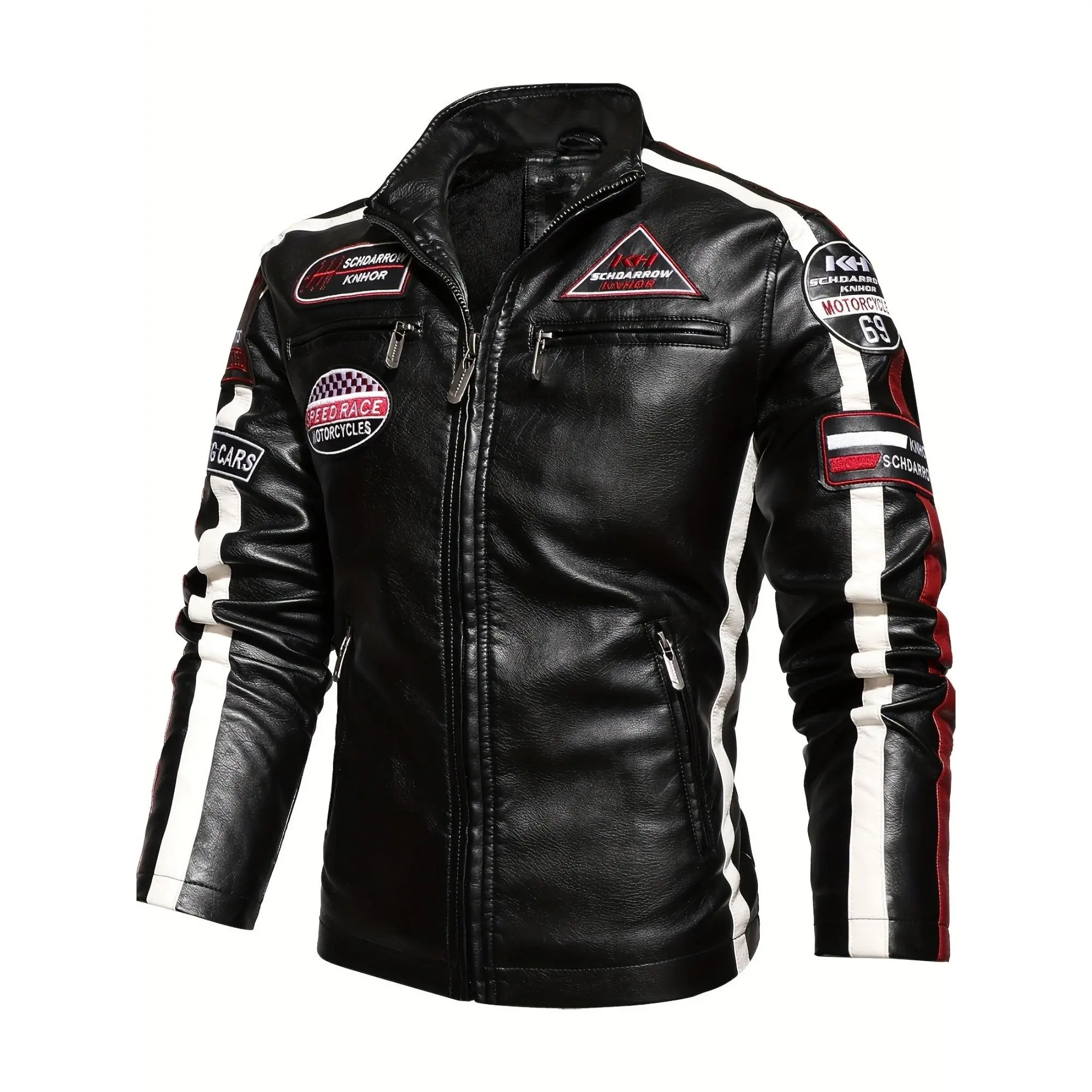 Men's Retro Long-Sleeve Collared Zip-Up Casual Denim Jacket Coats - Menswear Motorcycle Streetwear Top with Stand Collar, Zippered Pockets, Label Accents, Fleece Lining for Outdoor Use