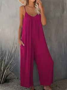 Summer New Plus Size Women's Jumpsuit Casual Chic Fashion Solid Color Strapless Jumpsuit, Loose-Fitting Style, Perfect for Daily Wear