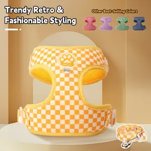 Vintage Checkered Dog Harness with Leash for Small Dogs, Safety Harness, Secure and Stylish Pet Vest for Walking and Outdoor Adventures