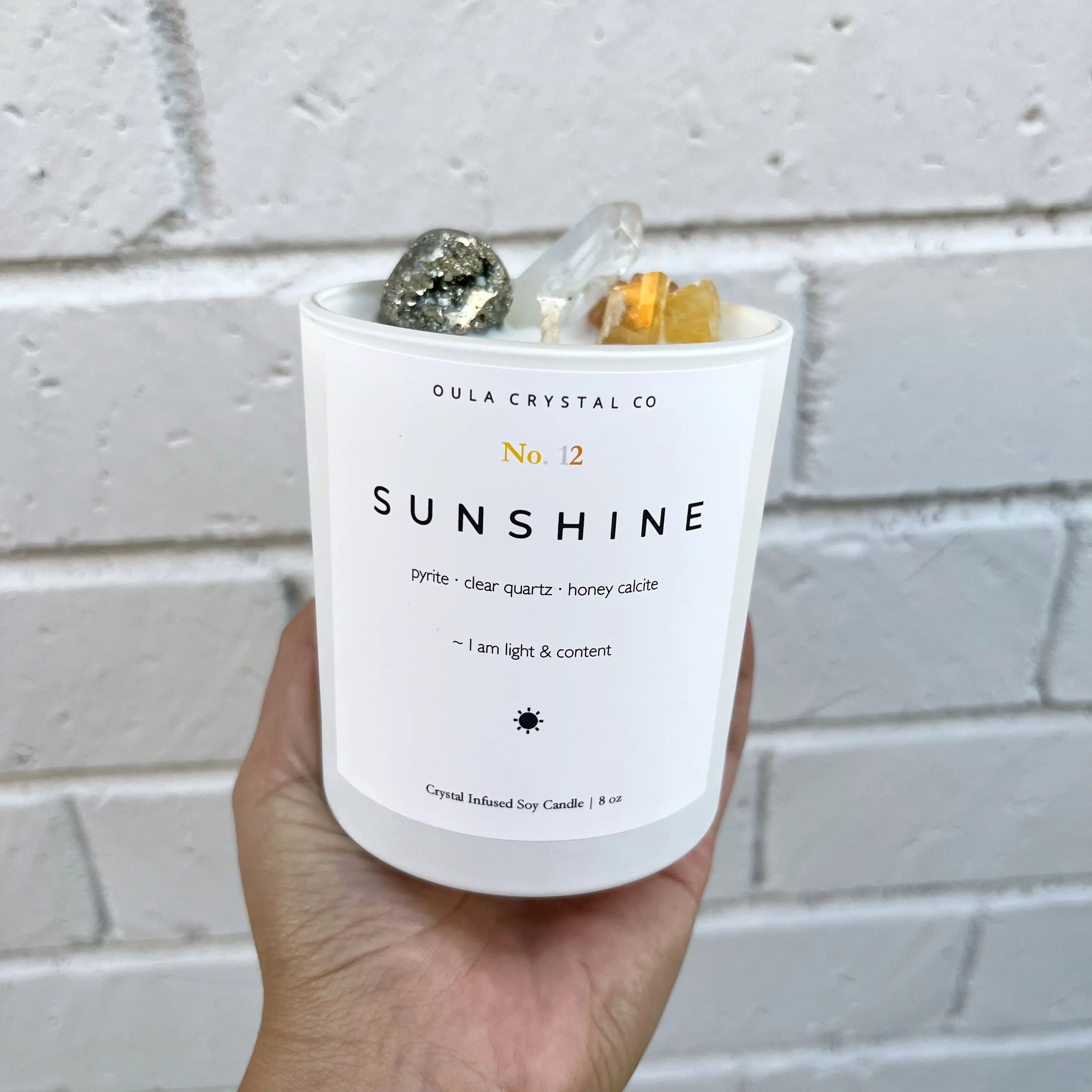 Sunshine Crystal Candle | pyrite - clear quartz - honey calcite