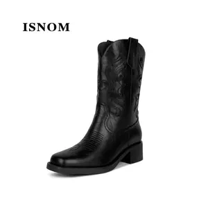 ISNOM Cowboy Cowgirl Boots for Women Mid Calf Square Toe Comfortable Chunky Low Heeled Slip on Western Embroidery Boots for Country Concert Dancing Wedding Traveling Daily Outfits Walking Shoes Footwear #WeeklyDeals#SummerVibes #outdoorfun
