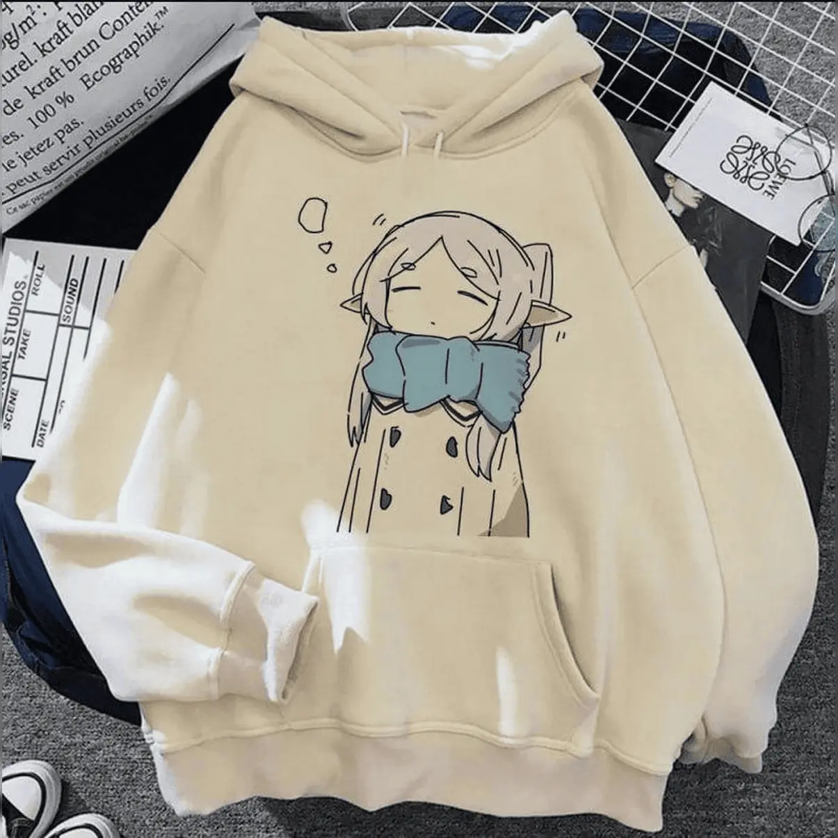Women's Frieren Graphic Hoodie - Japanese Anime-Inspired Novelty Stylish Vintage Sweatshirt, Light Premium Comfy Fabric, Modern Manga Street Style, Everyday Wear, Unisex Teen Tracksuits Compatible, Christmas-Ready (Includes Matching Graphic Tee)