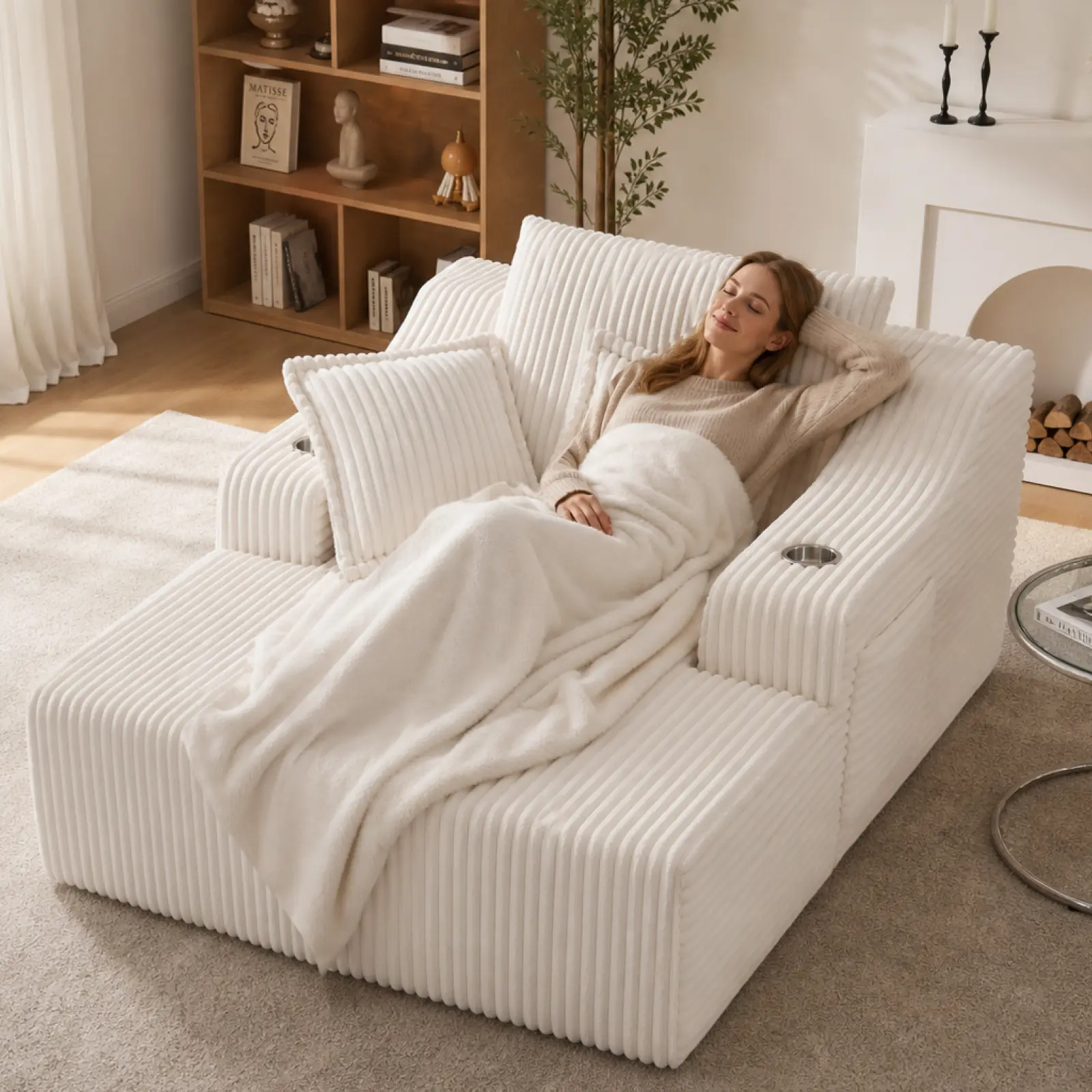 67inch Oversized Chaise Lounge Chair Indoor, Boneless Chair with Cup Holders,Comfy Corduroy Cloud Reading Chair with Side Pockets & 3 Pillows, Deep Seat Sleeper Couch for Living Room Bedroom, White