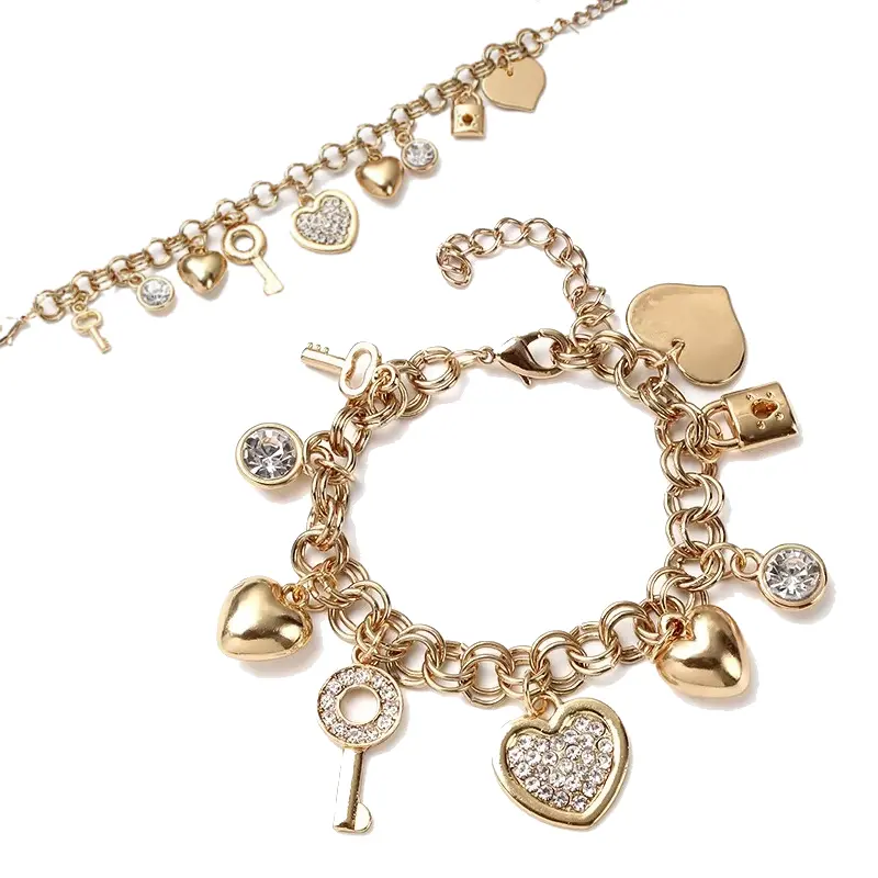 Gold Plated Heart Lock Bracelet for Women, Chunky Chain Link with Love and Key Charms - Romantic Gifts, Fashion Jewelry, Gold Plated Bracelet, Love Theme, Arm Candy Accessories, Bracelet Stacking