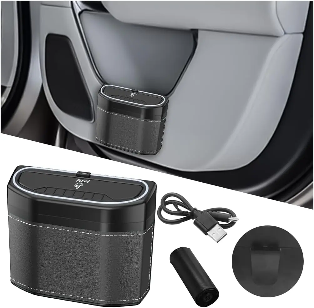 Car Trash Can with Lid, Leakproof Mini Vehicle Garbage Container Bin with LED Light, Auto Interior Front Back Seat Storage Organizer Dustbin, Universal for SUV, Sedan, Truck(Black)